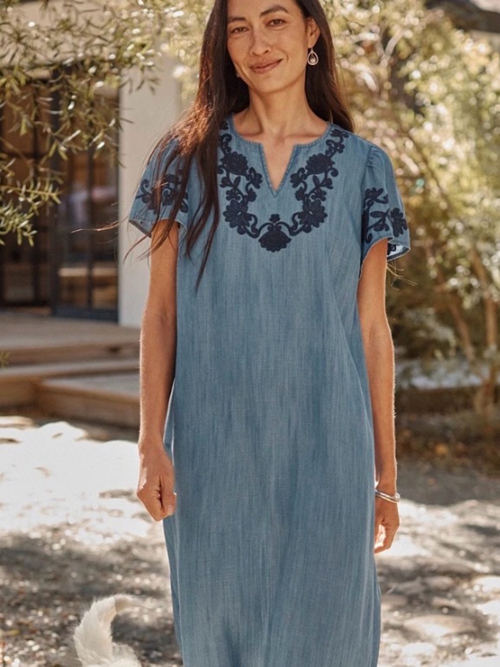 J. Jill Light Blue Midi Dress with Navy Embroidery